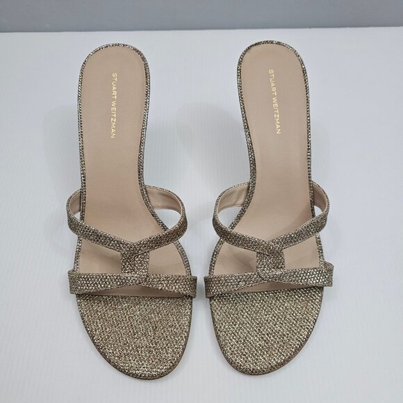 Stuart Weitzman Soiree Shimmer Heels Womens 9.5 Gold Strappy Evening Sandal - Picture 4 of 12
